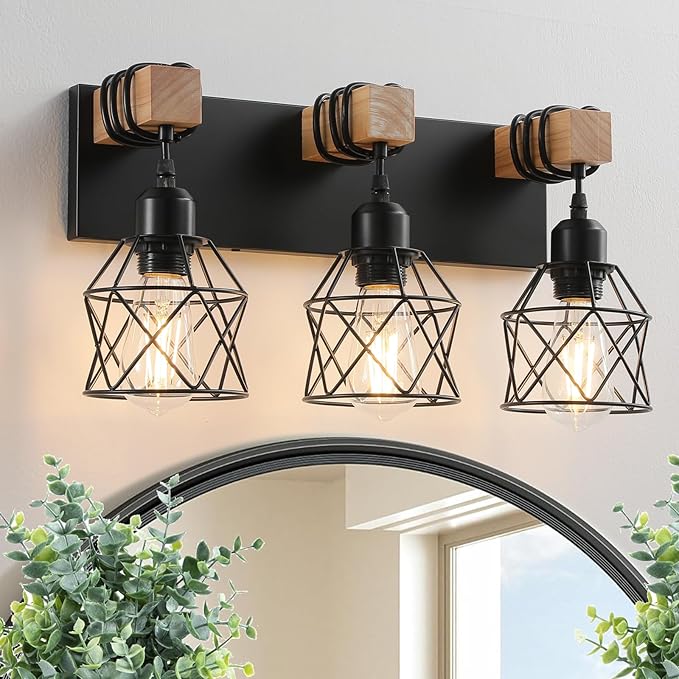 Farmhouse Vanity Light Fixture,6-Light Bathroom Lighting,Black Industrial Wood Wall Light