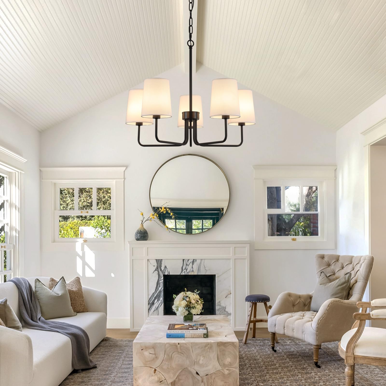 AMZASA Farmhouse Chandelier, Matte Black with White Fabric Shade, Farmhouse Linear Island Lighting Fixture for Kitchen, Dining Room (5-Light Matte Black with Fabric Shades)