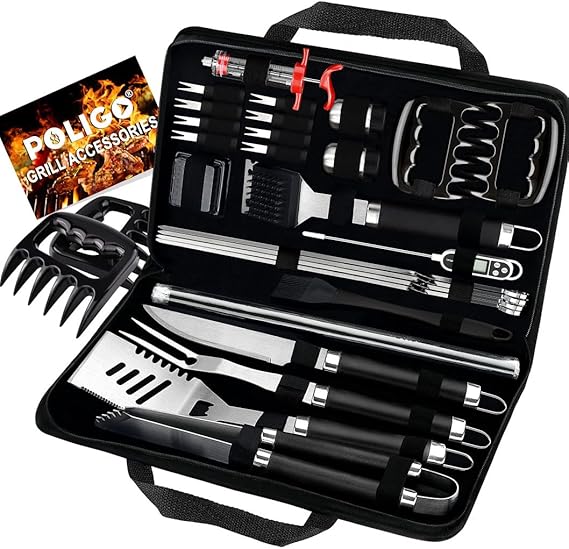 POLIGO 28PC Exclusive BBQ Grill Accessories in Carrying Bag for Birthday Fathers Day Grilling Gift - Premium Grill Utensils Set with Barbecue Claws, Meat Injector, Thermometer for Smoker, Camping BBQ