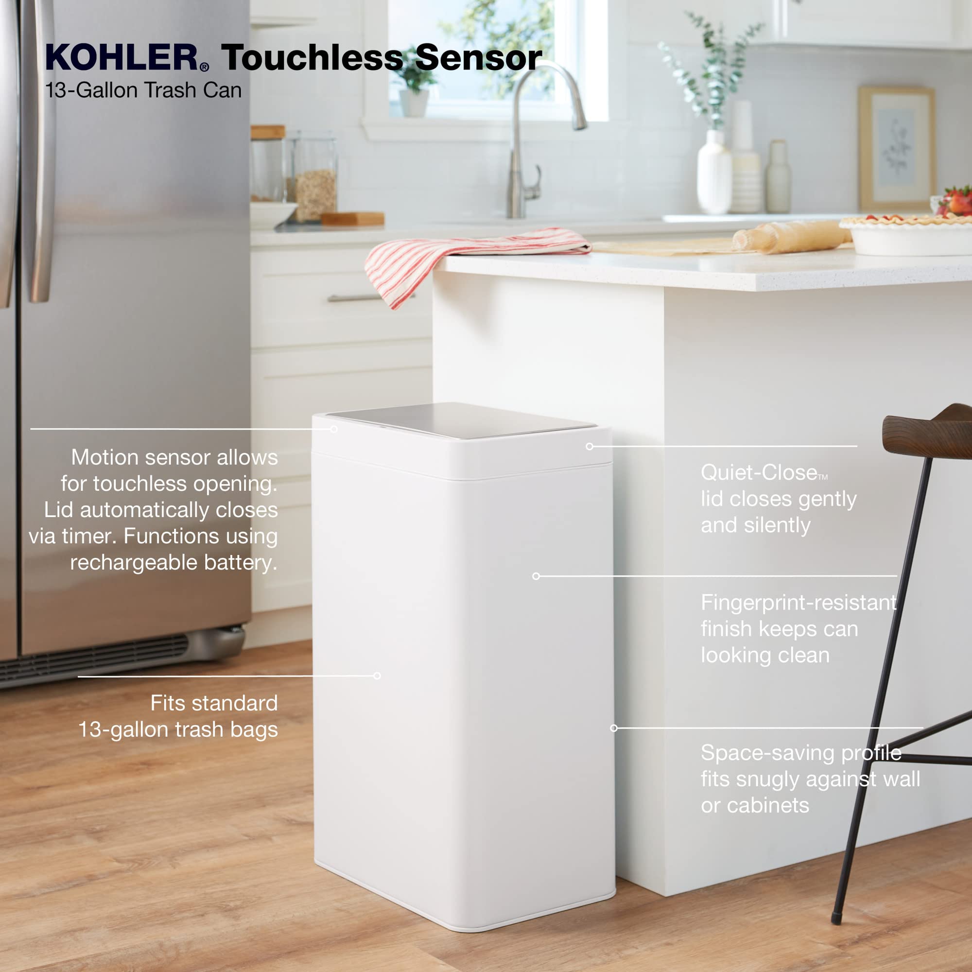 KOHLER 13-Gallon Touchless White Stainless Steel Trash Can, Hands-Free Motion Sensor Lid, Durable, Fingerprint-Resistant, Easy to Clean, K-23825-STW