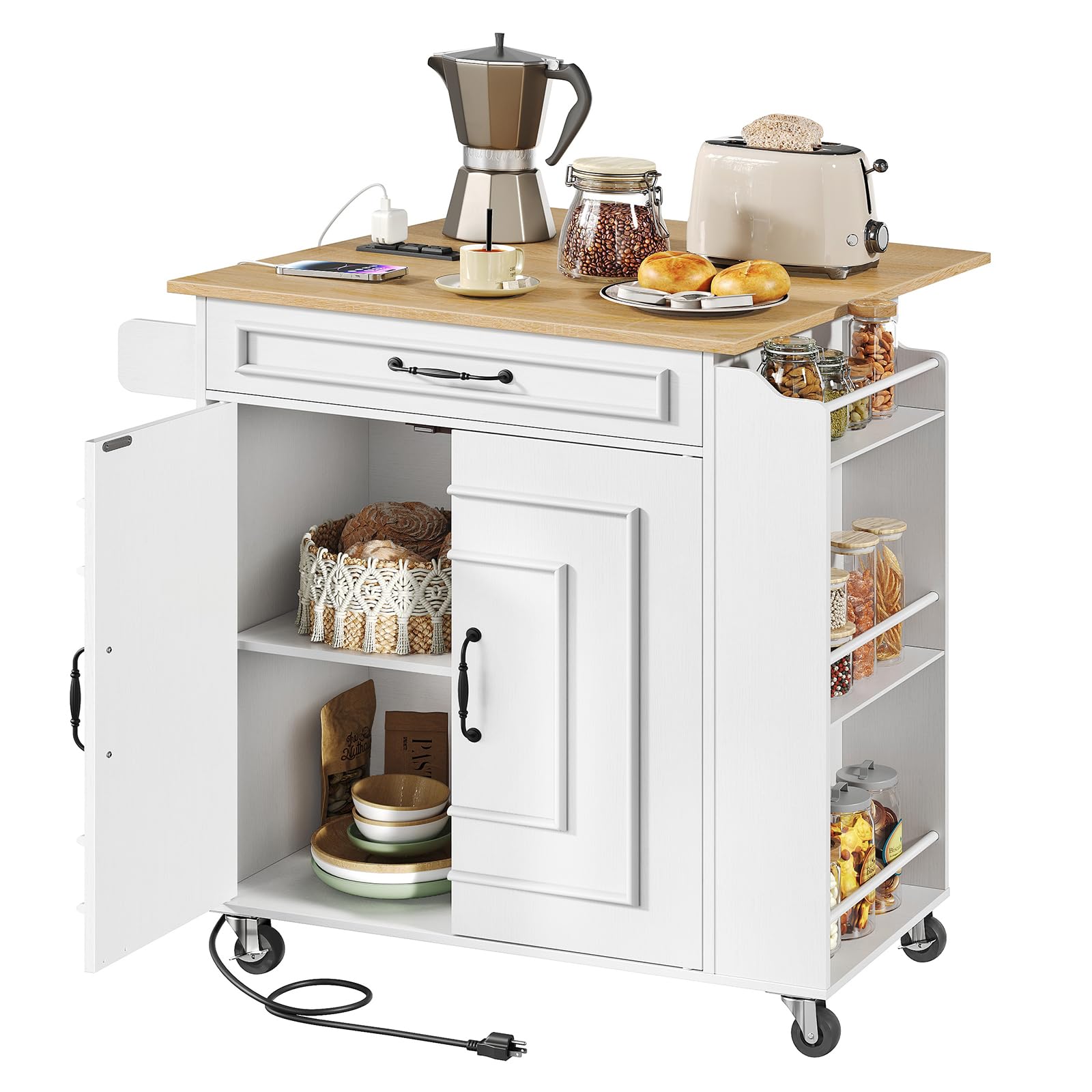 Kitchen Island with Power Outlets & Drop Leaf, Rolling Kitchen Cart on Wheels