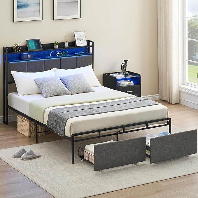 Full Size Bed Frame with Storage Headboard Led Lights Charging Station