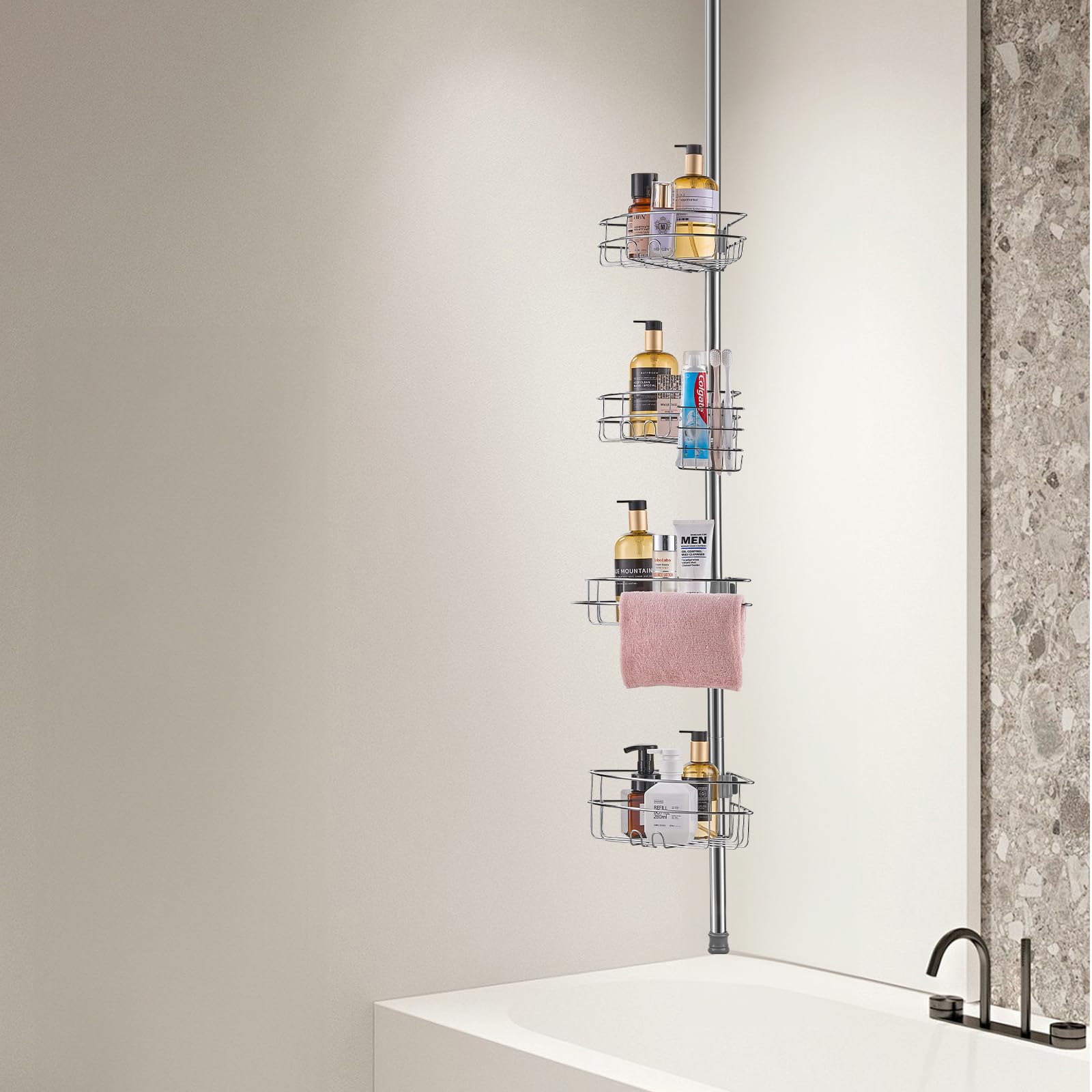 Shower Corner Caddy Tension Pole, 56" to 114" High, Multi-Functional Shower Tension Pole with Strong Load-Bearing Tray, Rust-Proof Easy-to-Install, Fit for Bathroom & Washroom