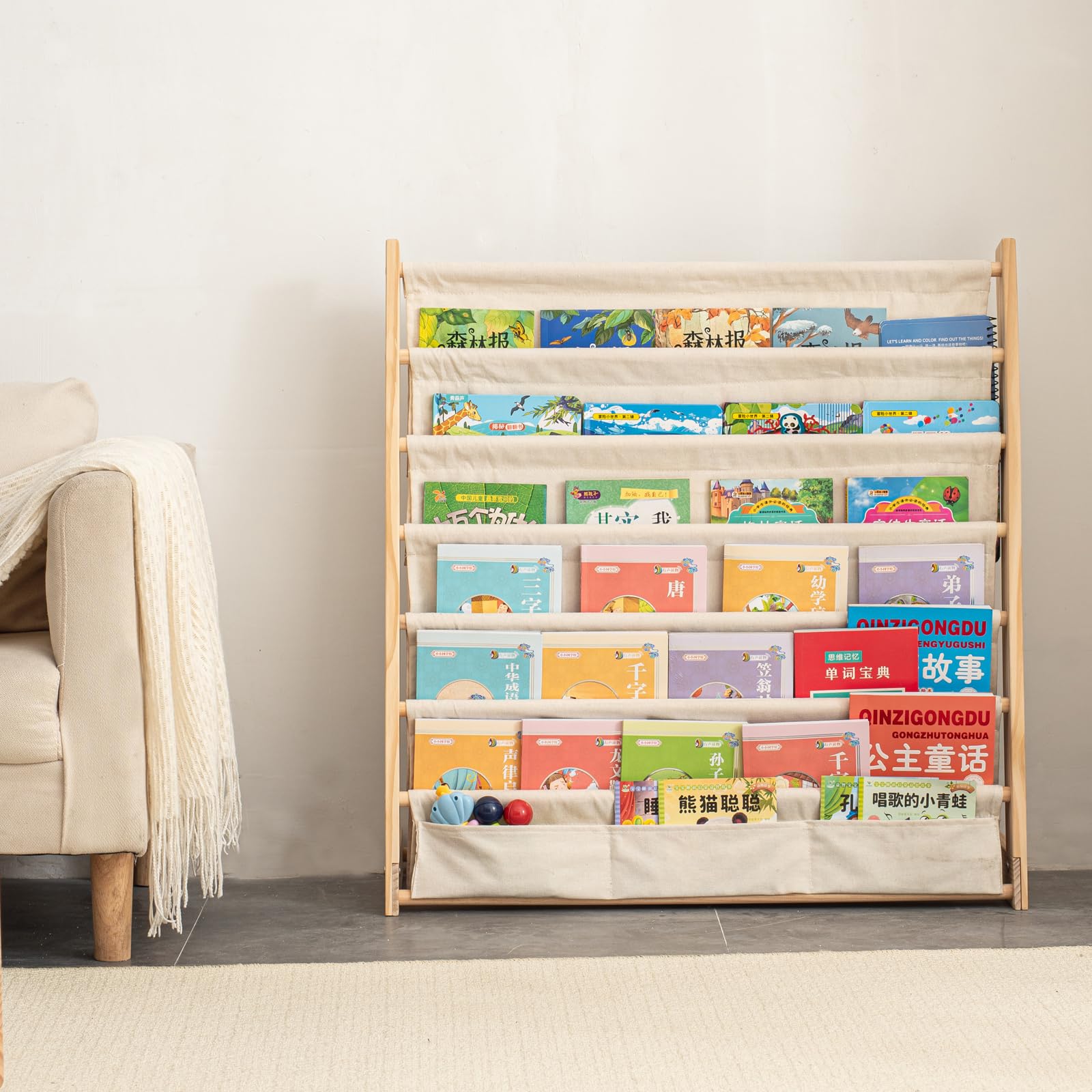 7 Tier Wooden Kids Bookshelf Book Holder Natural Wood Book Rack Storage Bookshelf