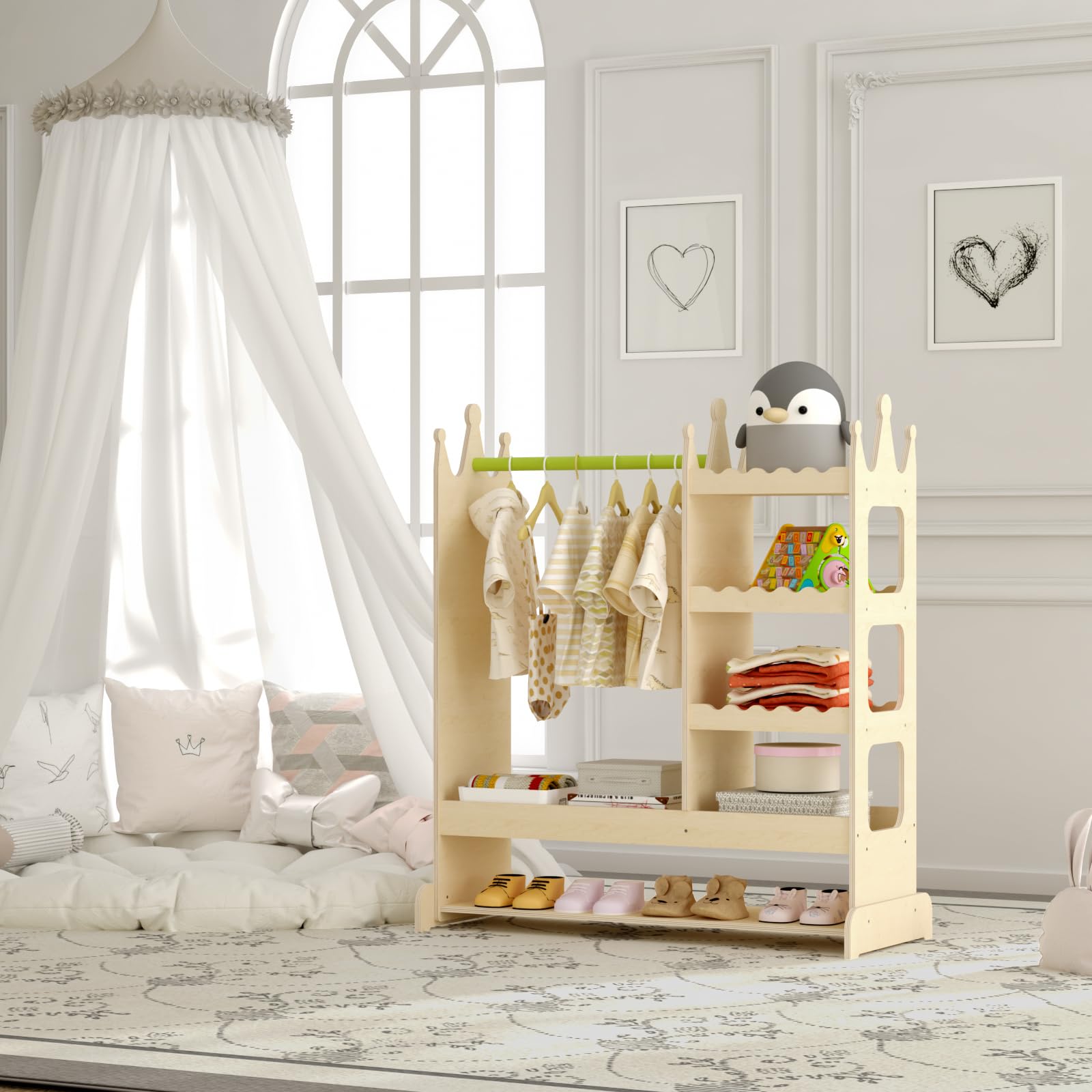 Dress Up Storage with Mirror, Toddler Armoire Closet, Crown Design Costume