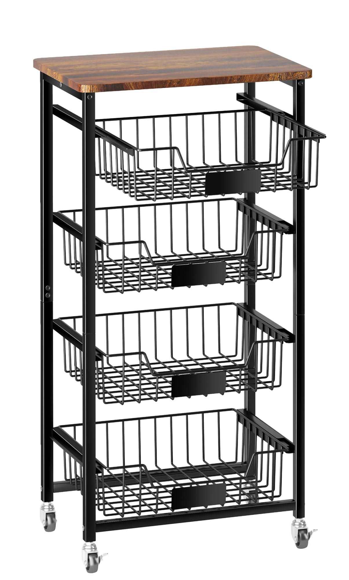 5-Tier Utility Kitchen Organizer and Storage Cart with Pull-Out Baskets and Wood Top