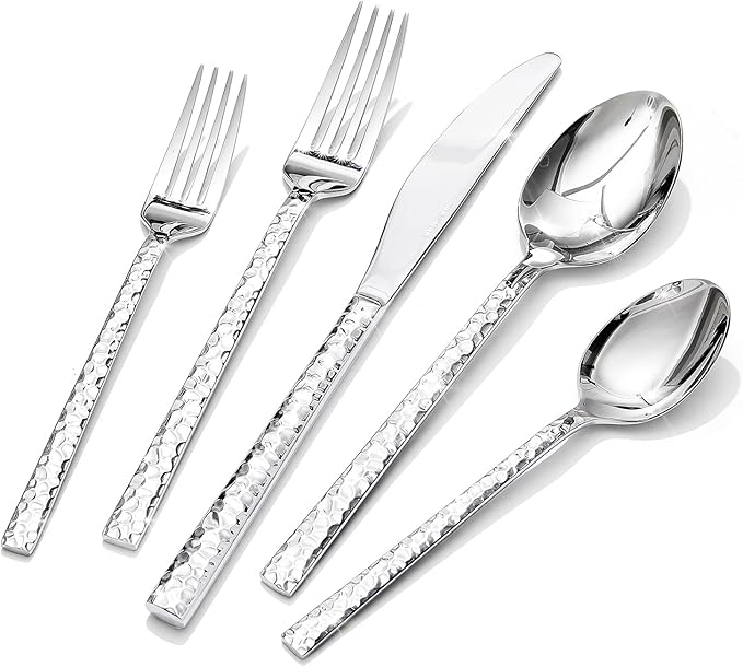 40 Piece Hammered Silverware Set, 18/10 Stainless Steel Flatware Set for 8