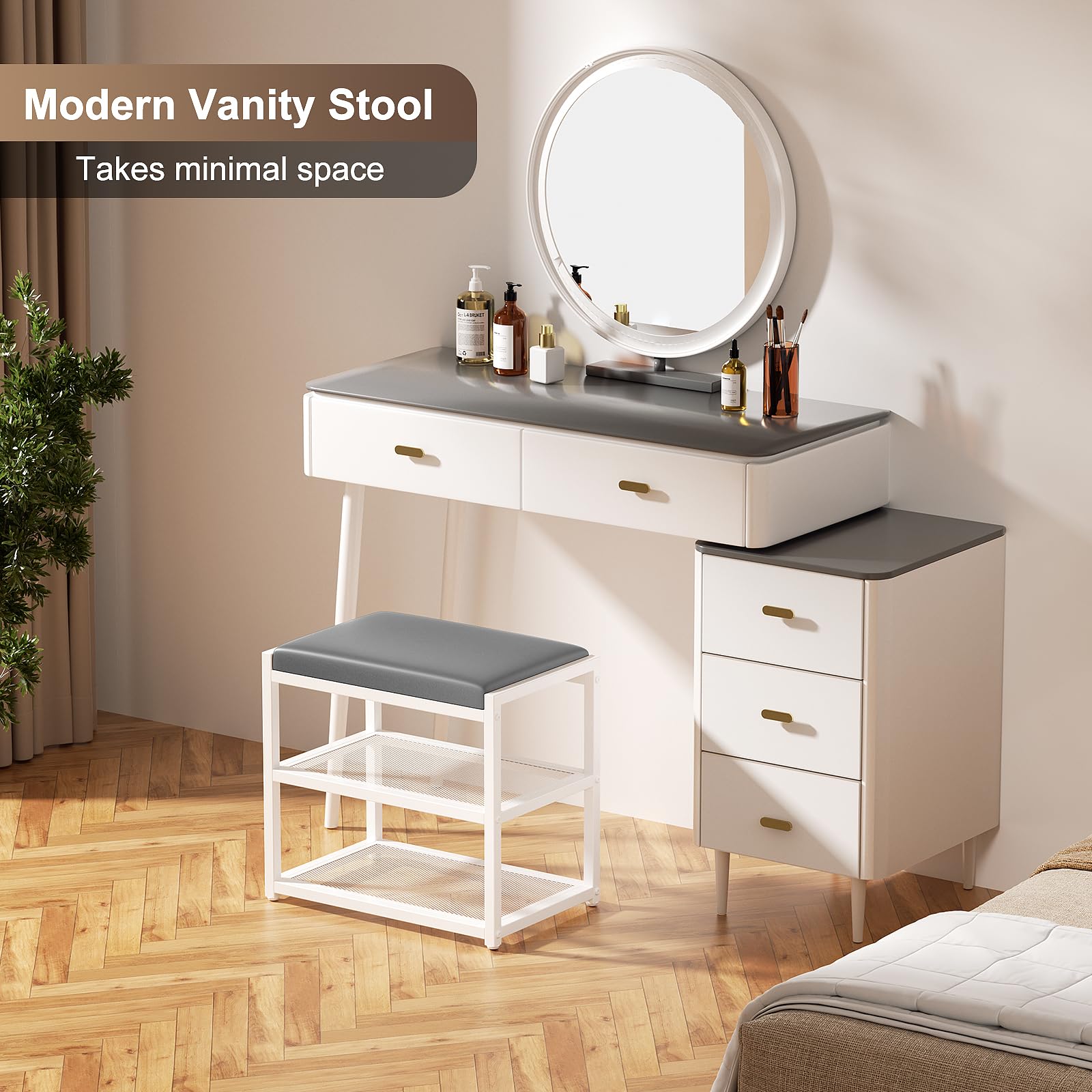 ZHOOGE Small Ottoman with Storage, Vanity Stool Chair Faux Fur, Foot Ottoman, Square Makeup Stool for Small Spaces, Living Room, Bedroom, Bathroom, Entryway, White