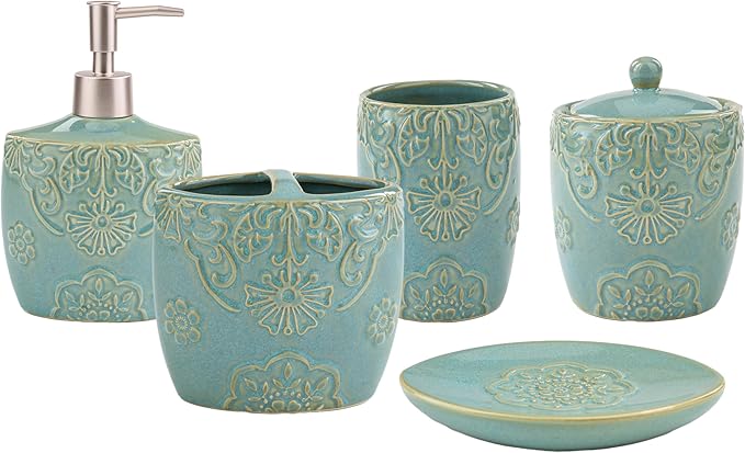 5-Piece Ceramic Bathroom Sink Set - Soap Dispenser & Toothbrush Holder Combo