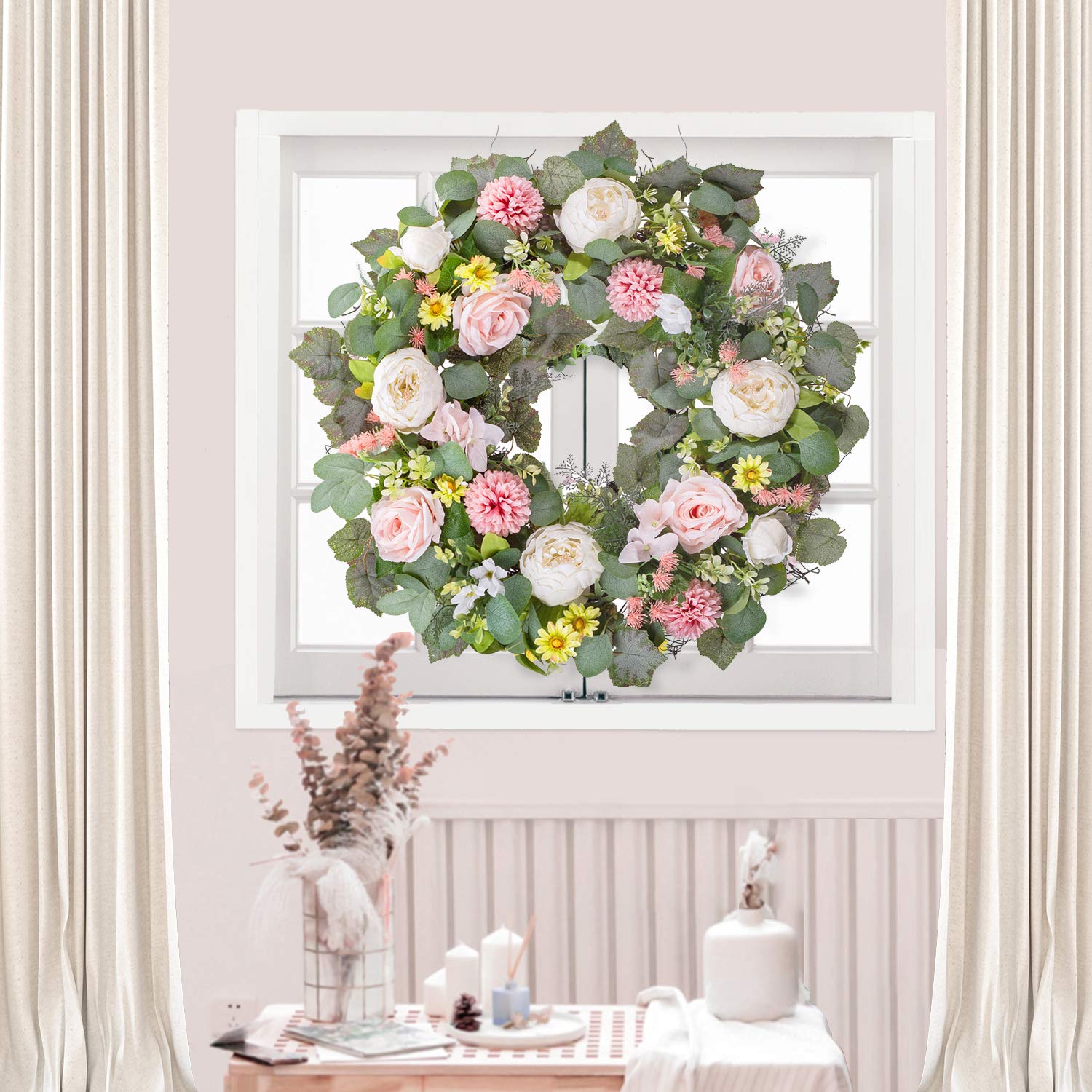 24 Inch Large Spring Peony Wreaths for Front Door,Spring Front Door Wreath