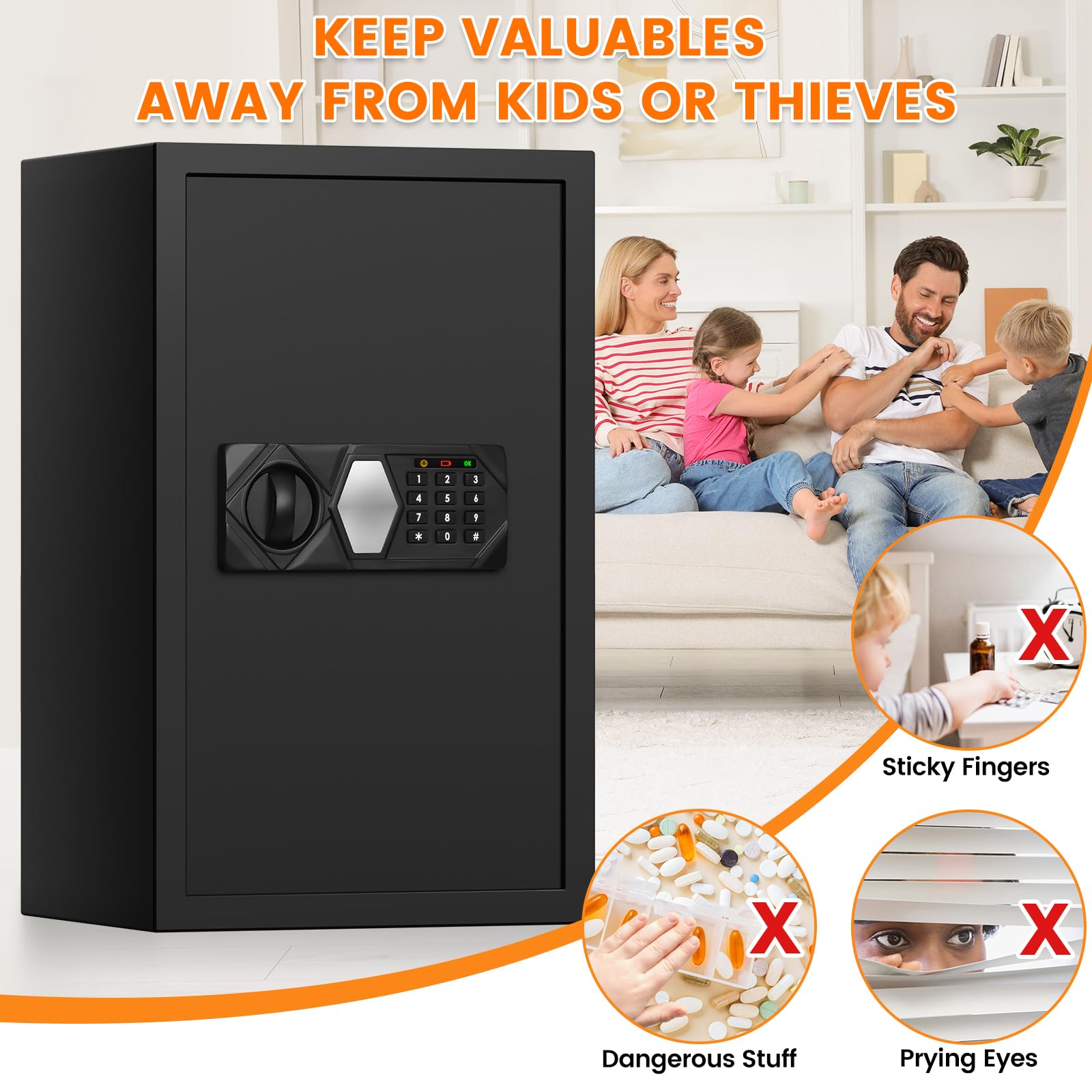 3.3 Cub Large Fireproof Safe for Home Use, Digital Home Safes Water and Fireproof with Backup Keys and Alarm System, Anti-Theft Fire Proof Safe Box for Home Office