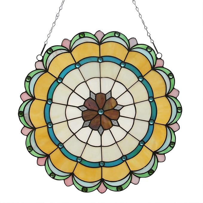 16 Inch Round Stained Glass Window Hanging Panel Tiffany Style Ornament
