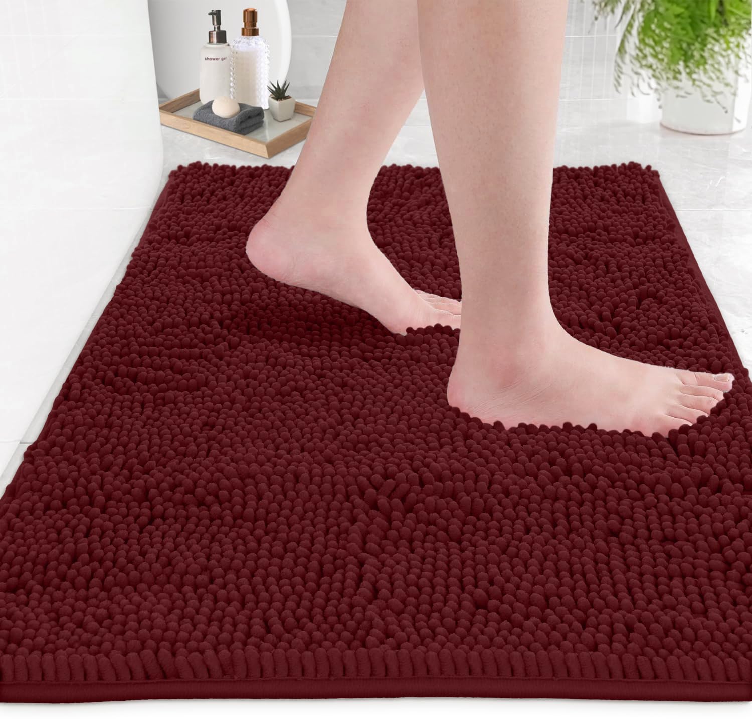 LuxUrux 4-Piece Bathroom Rug Set - Soft Chenille Mats, Non-Slip Toilet Mat & Lid Cover for Comfort & Style (20x20 U, 16x24, 20x30 & 19x19 inches, Burgundy)