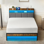 Twin Upgraded Bed Frame with Upholstered Headboard, Metal Platform Bed with 2-Tier