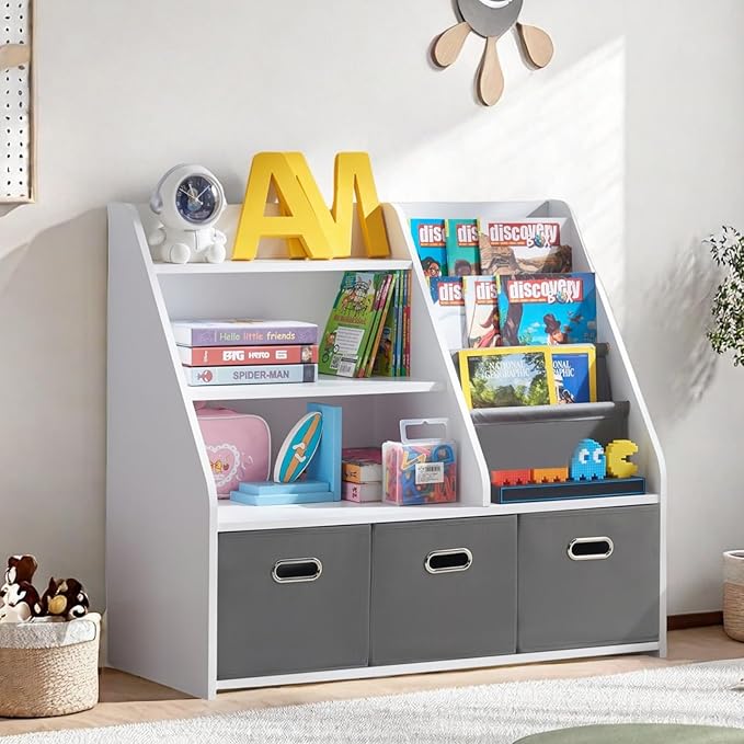 Kids Bookshelf with Storage Bins, Toy Storage Organizer with Drawers