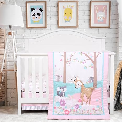 Crib Bedding Set for Girls - Pink Baby Nursery Sets 3 Pieces Quilt Comforter Fitted