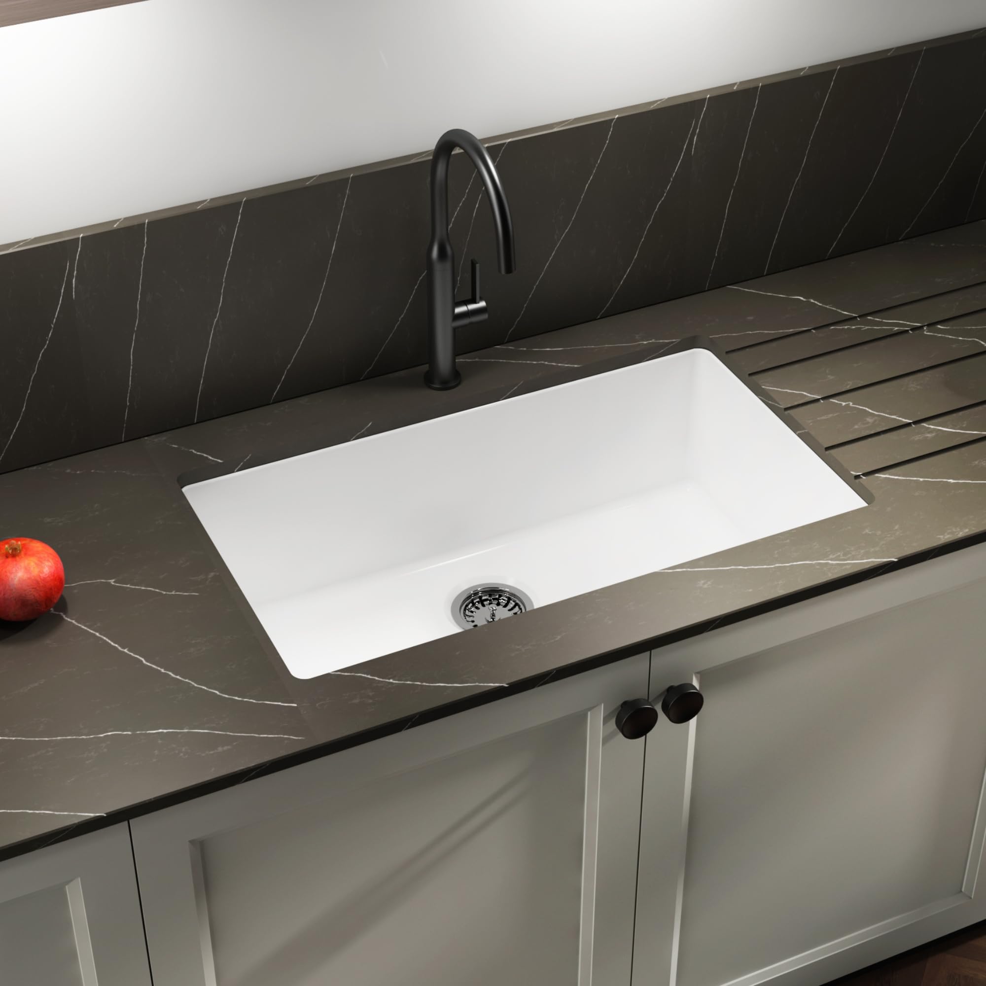 32 Inch White Fireclay Undermount or Drop-In Kitchen Sink, Single Bowl, Large Capacity