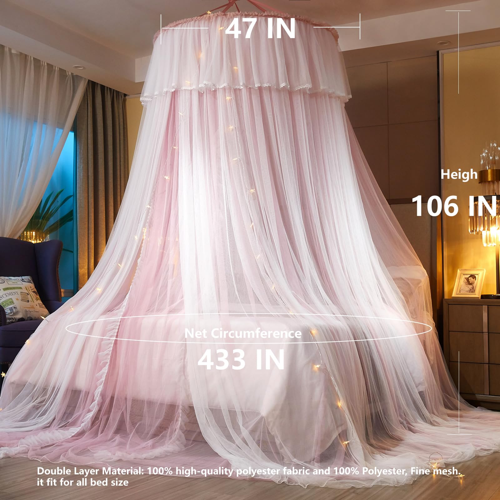 Princess Bed Canopy for Girls & Adults, Elegant Double-Layer Bed Curtain