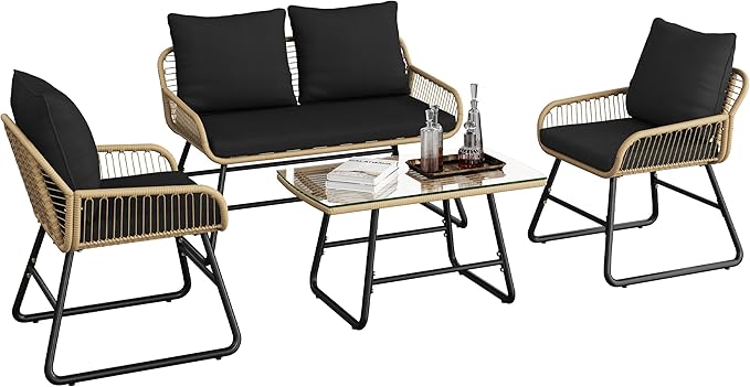 3 Piece Patio Bistro Set Outdoor Wicker Bistro Furniture Sets, 2 Rattan Chairs and Glass