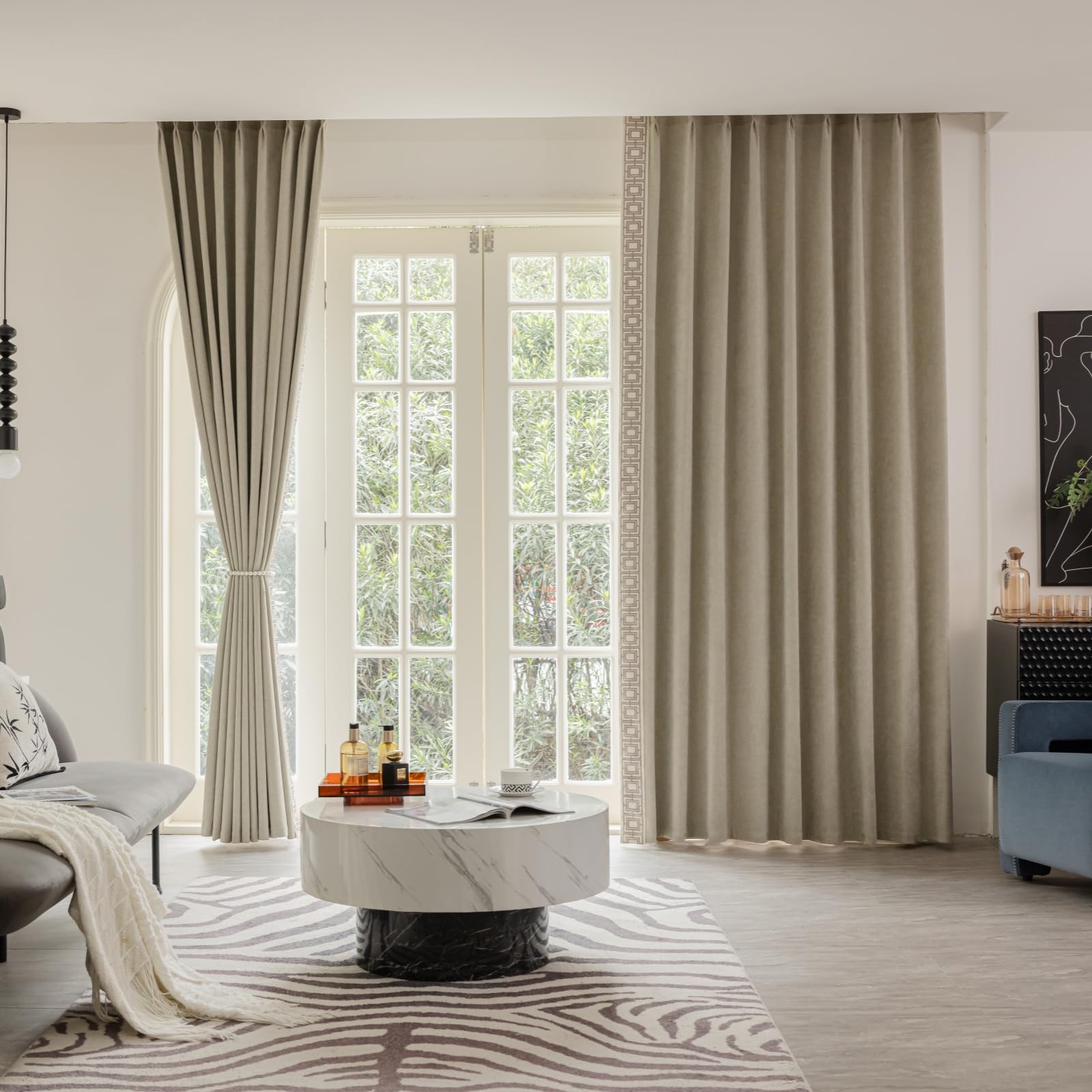 Light Beige Pinch Pleat Curtain Panels with Trim, Cotton Blend Full Blackout Curtains