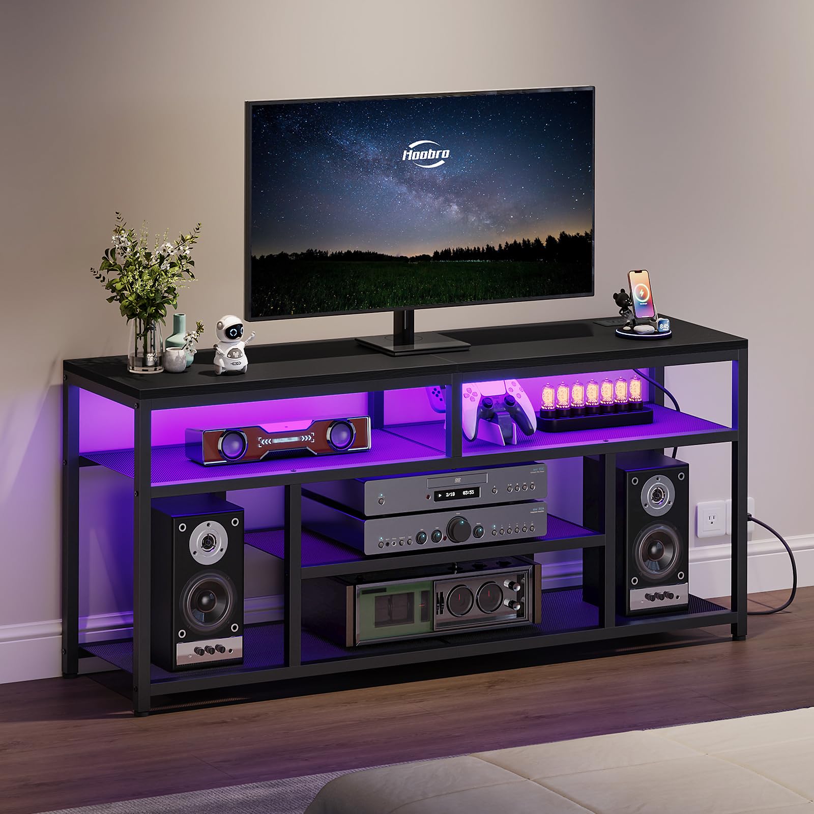 LED TV Stand with Charging Station, 4-Tier Entertainment Gaming Center,living room