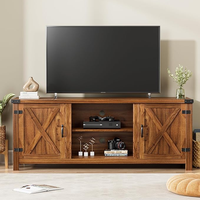 TV Stand with Two Barn Doors and Storage Cabinets for Televisions up