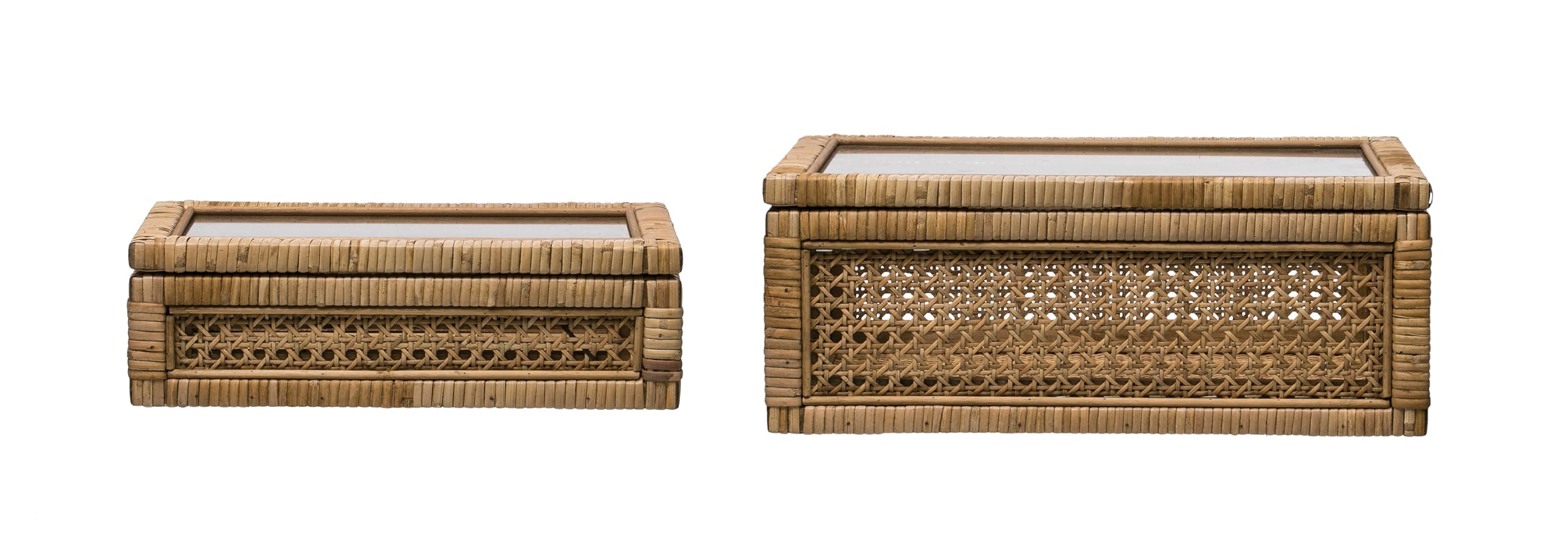 Modern Decorative Rectangle Woven Rattan and Wood Display Boxes