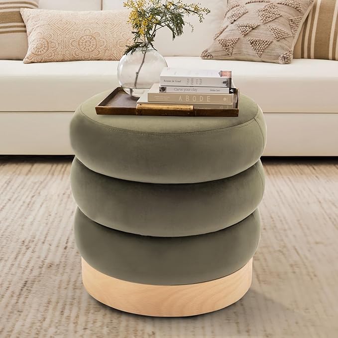 Sherpa Ottoman Footstool, Tufted Modern Foot Rest Stool with Wood Base for Living Room