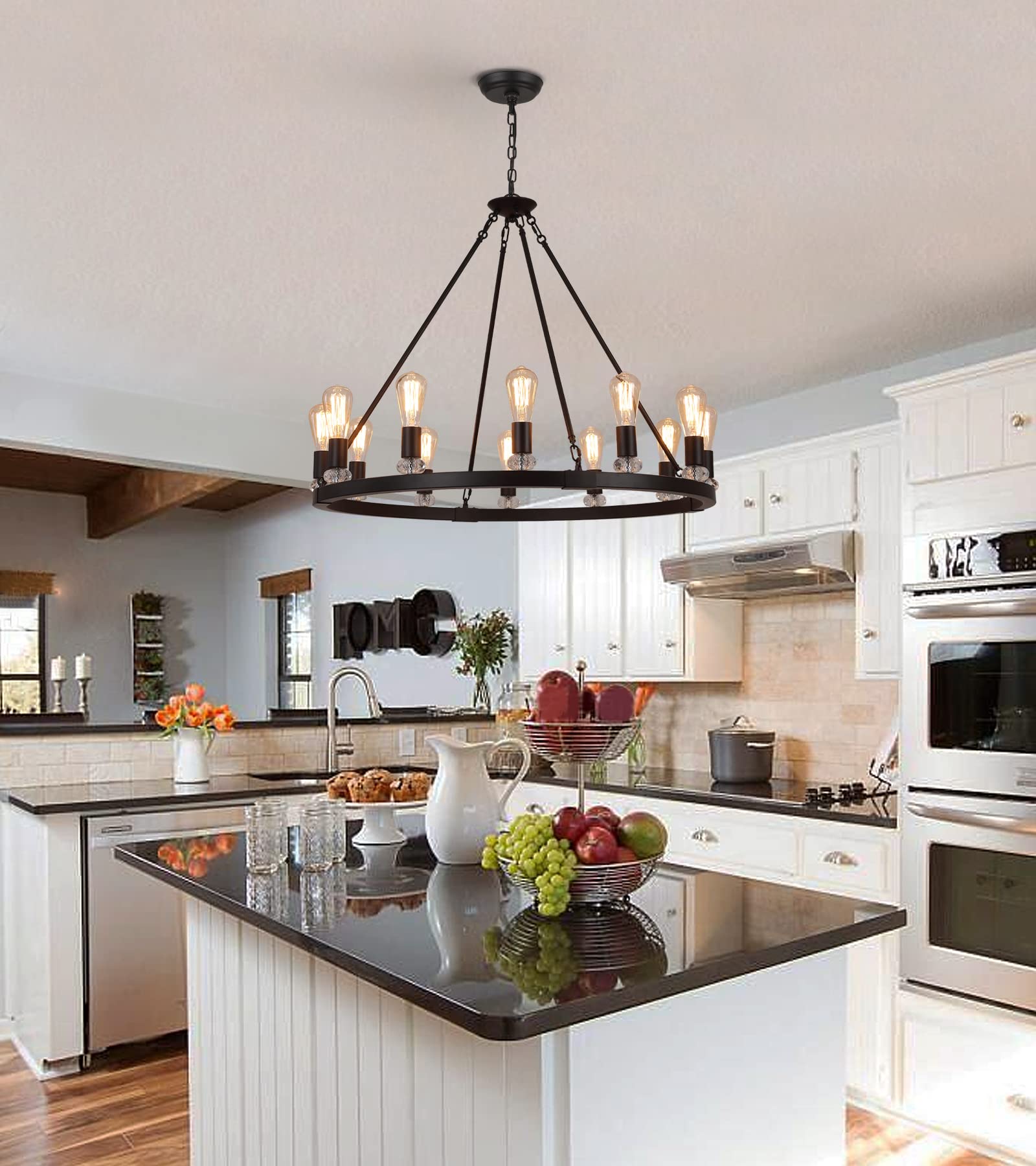 Black Wagon Wheel Chandeliers 12-Lights Large Modern Farmhouse Chandelier