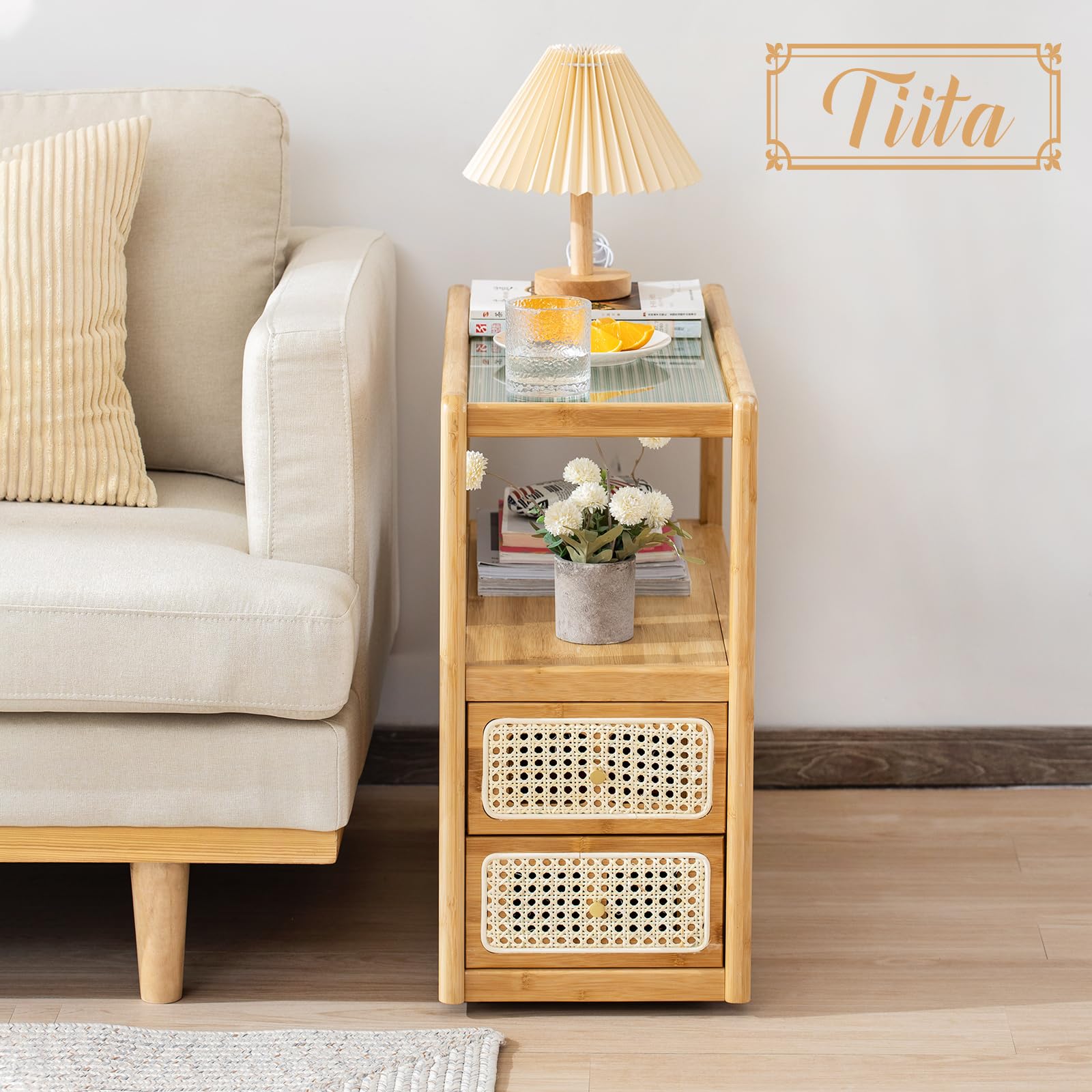 Rattan Nightstand Side Table, Bamboo Accent Bedside Tables, Glass Coffee Tables