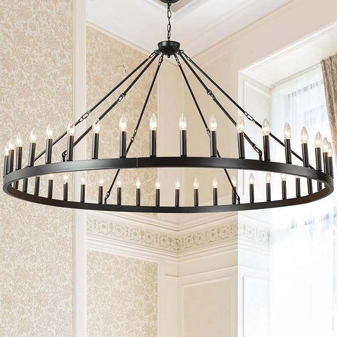 Black Wagon Wheel Chandelier 32 inch,12-Light Farmhouse Wagon