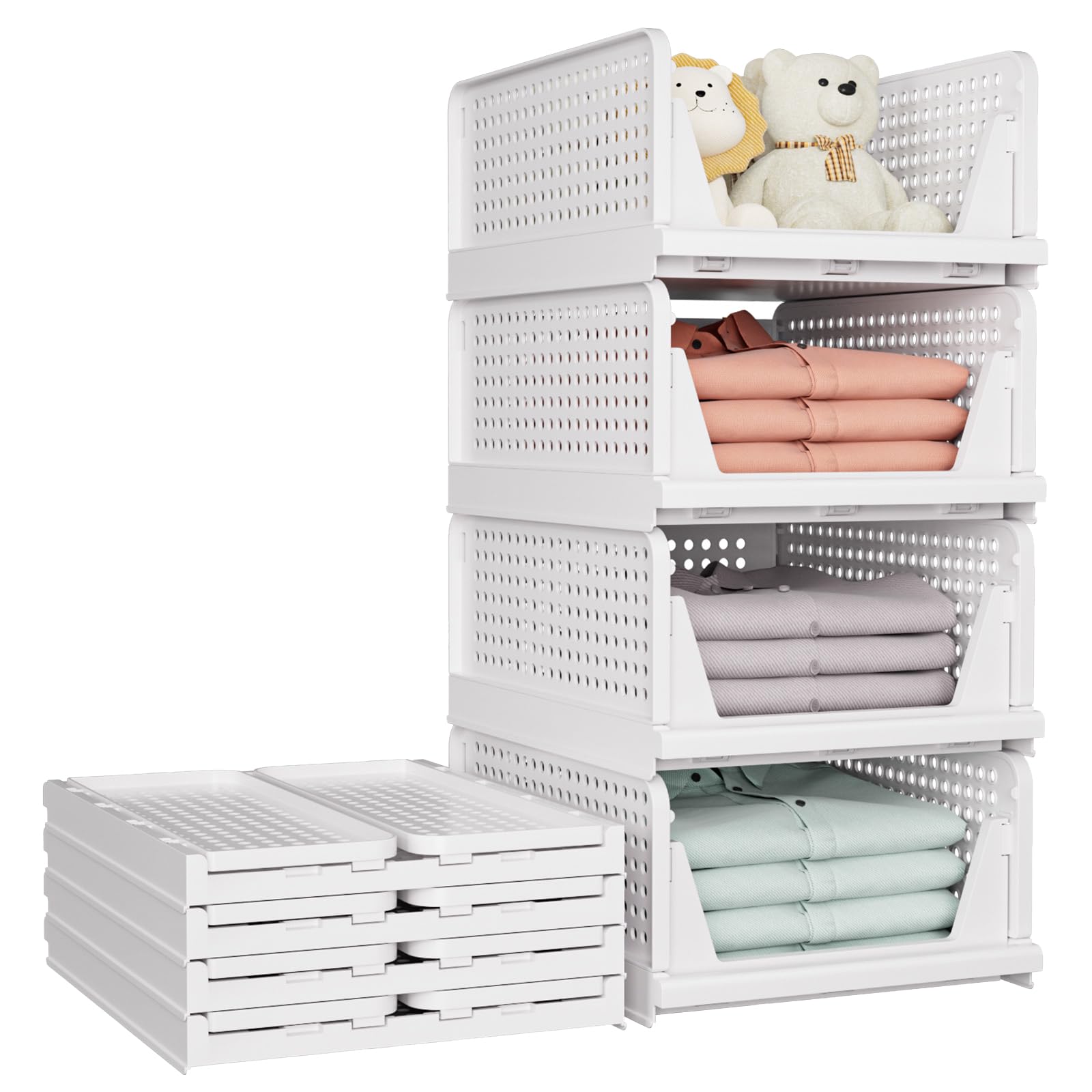 5 Pack Stackable Closet Storage Basket, Multifunctional & Foldable Closet Organizer