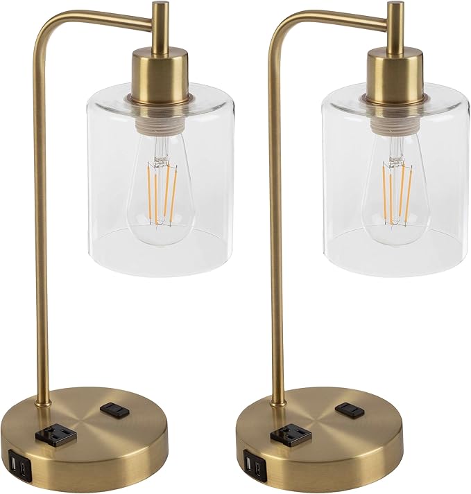 2 Table Lamps - Industrial Lamps with USB Ports, Touch Control, and Edison Bulb