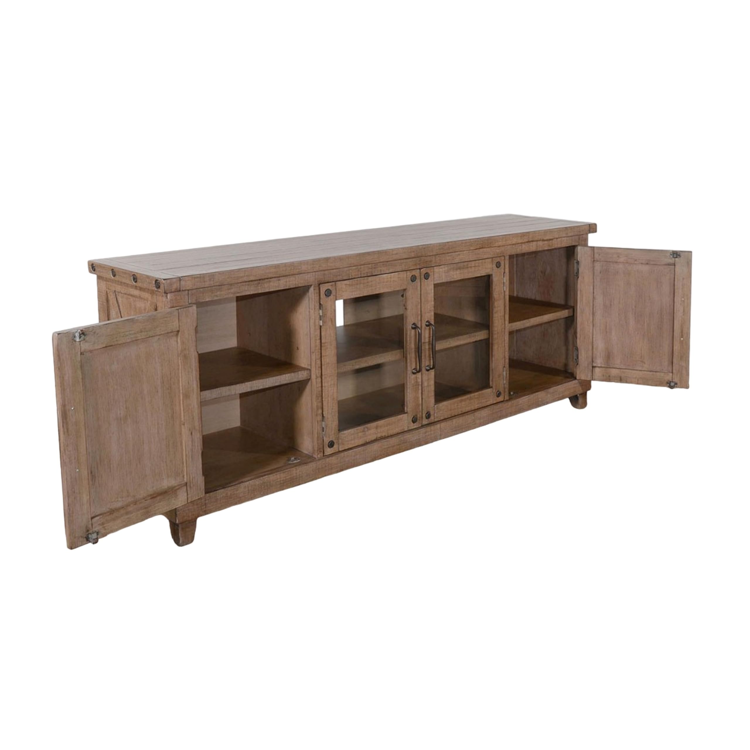 Console, Shelves, Doors, Light Mahogany, 74 Inch, Brown, Bronze and Clear