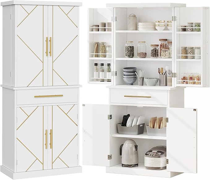 Kitchen Pantry Storage Cabinet, Tall Modern Food Buffet Cabinets with Drawer