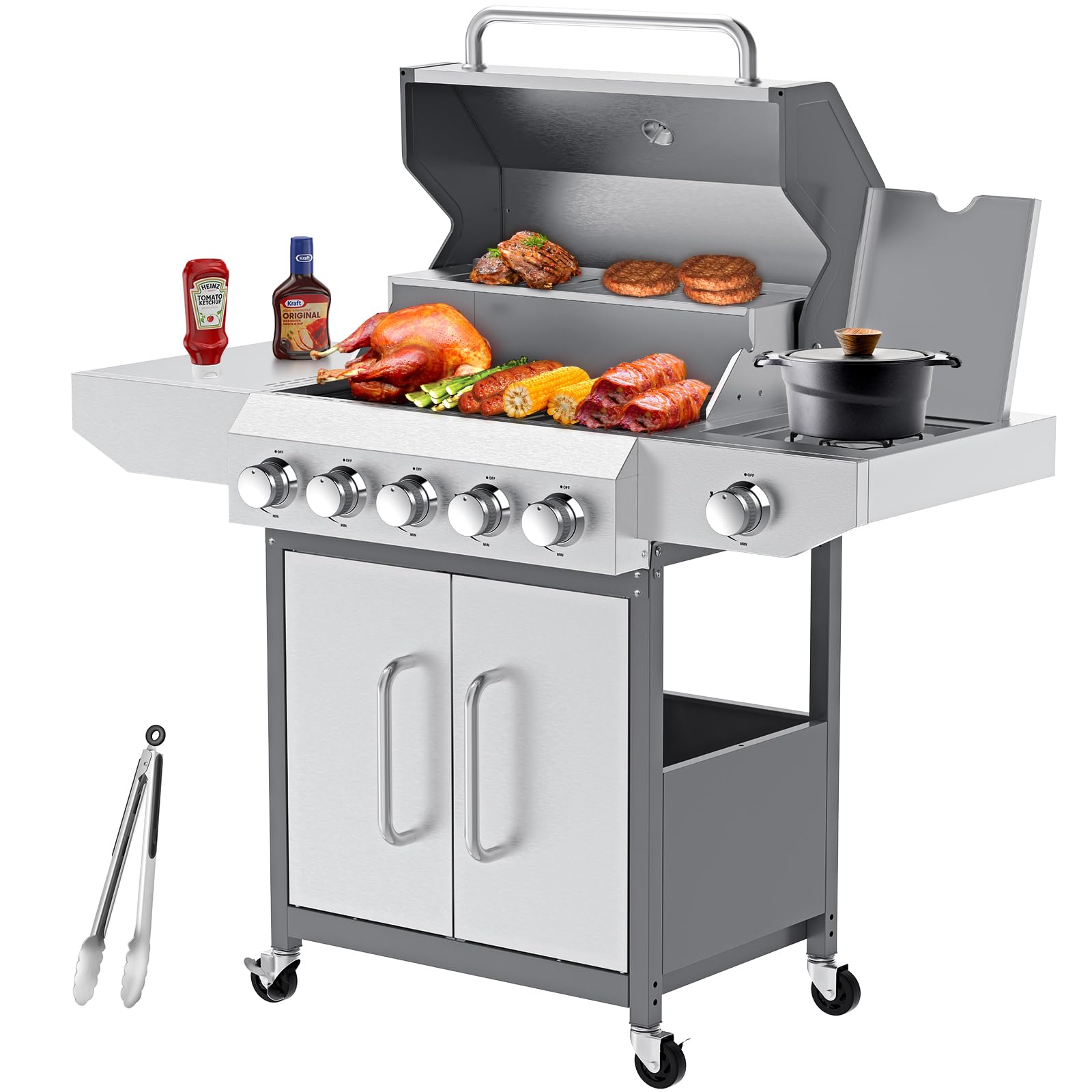 68,000 BTU 5-Burner Propane Gas Grill with Side Burner & Food Clip