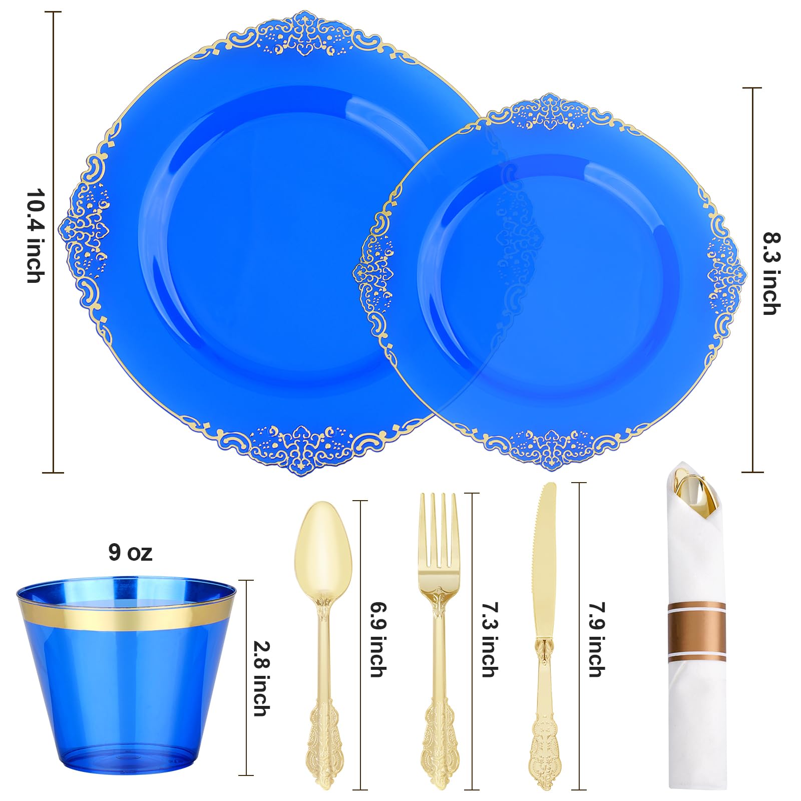 350 PCS Blue and Gold Plastic Plates, Disposable Dinnerware Set for 50 Guests