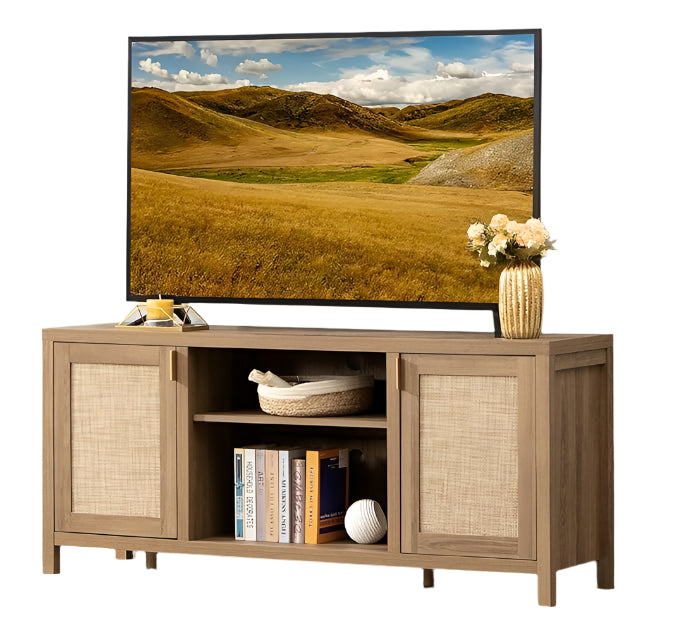 TV Stand for Living Room : Rattan TV Console Cabinet with Storage and Shelf