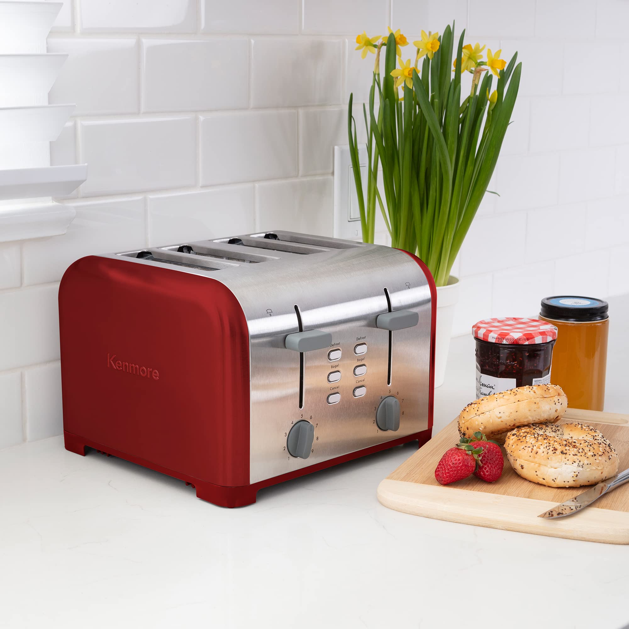 Kenmore 4 Slice Toaster Red Stainless Steel Extra Wide Slots Adjustable Browning Bagel