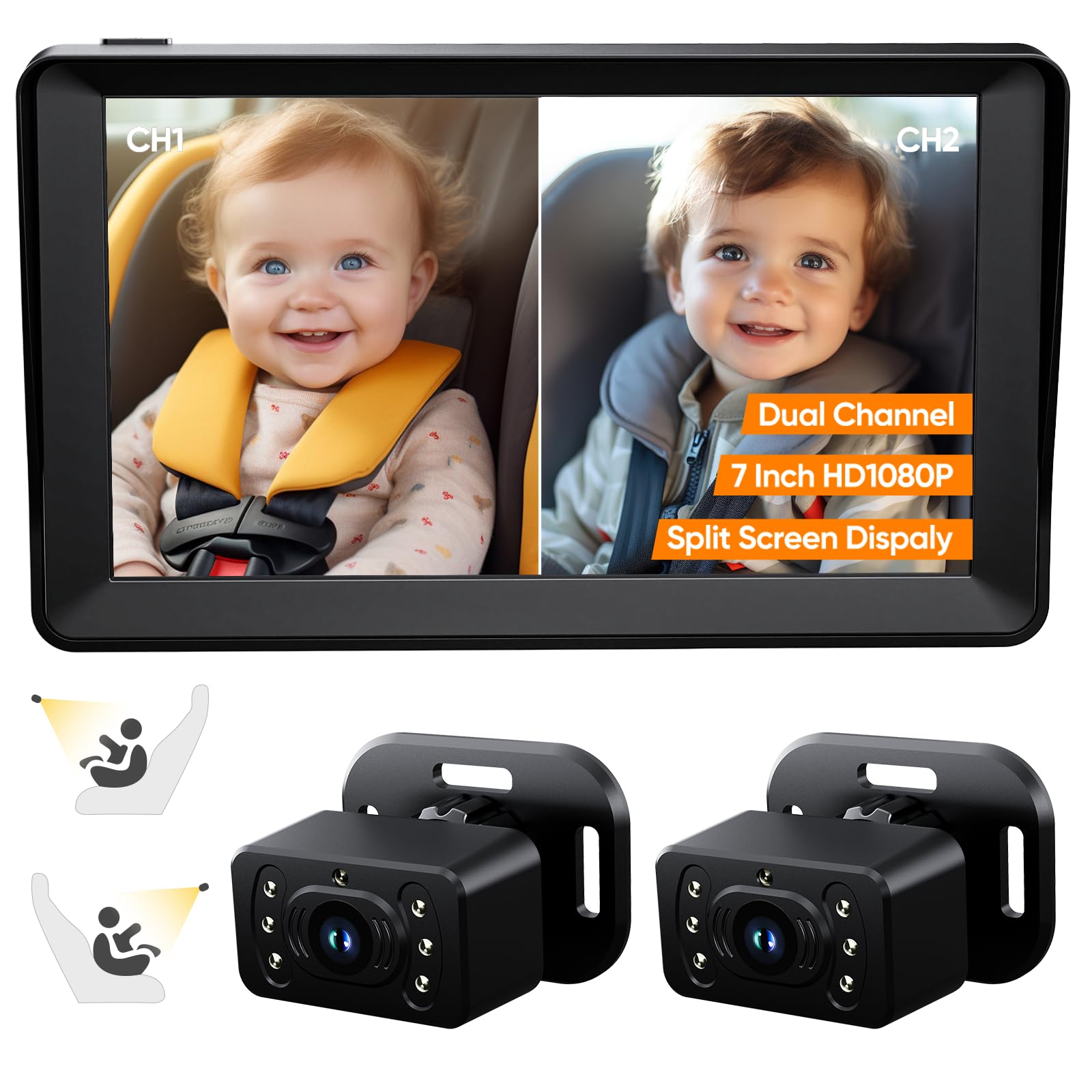 Baby Car Camera for 2Kids-7 Inch IPS Display with Dual Carseat Camera