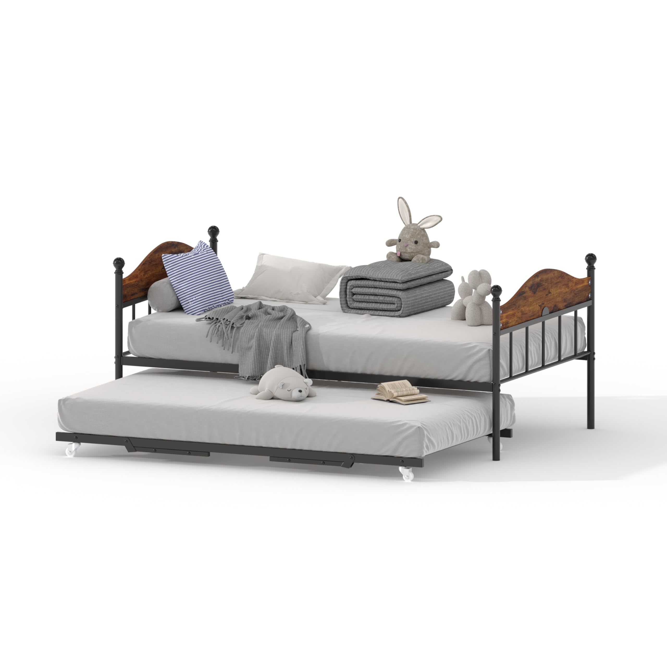 Daybed With Trundle, Metal Twin Size Day Bed With Stylish Headboard, Sofa Bed Frame
