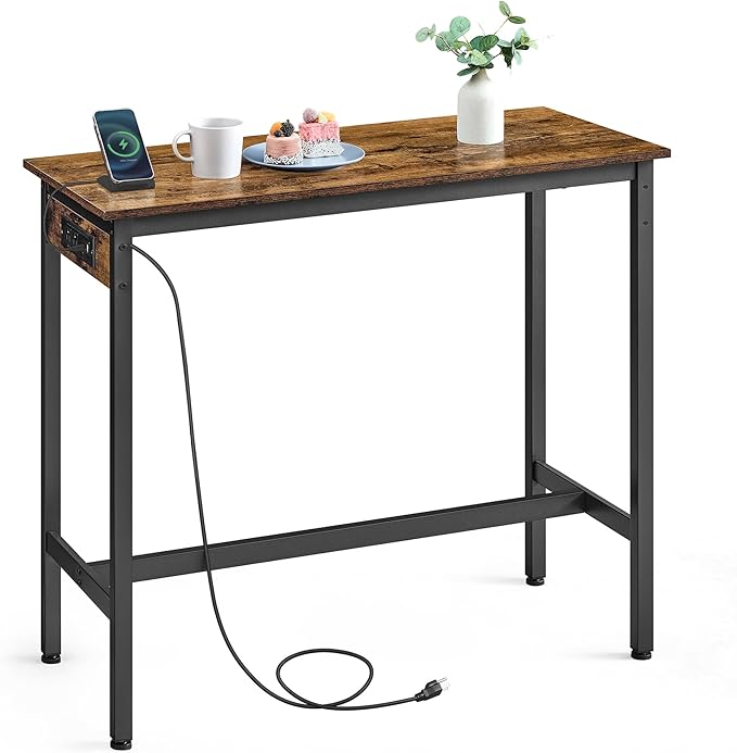 Bar Table, Narrow Long Kitchen Dining Table with Charging Station