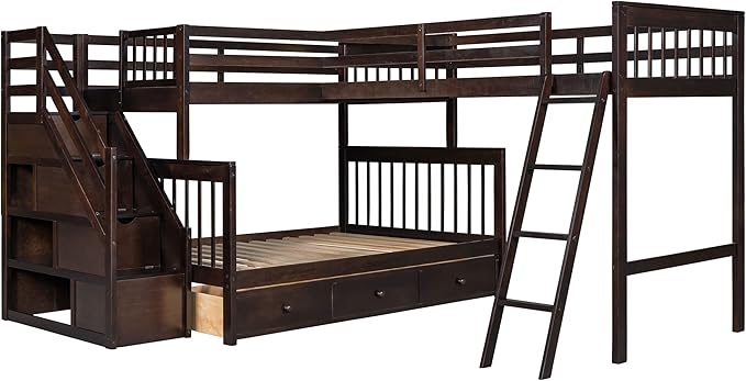 Twin Over Full L-Shaped Triple Bunk Bed for Kids