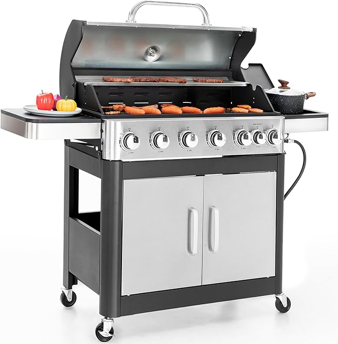 4-Burner Propane Gas BBQ Grill with Side Burner and Porcelain-Enameled Cast Iron Grates