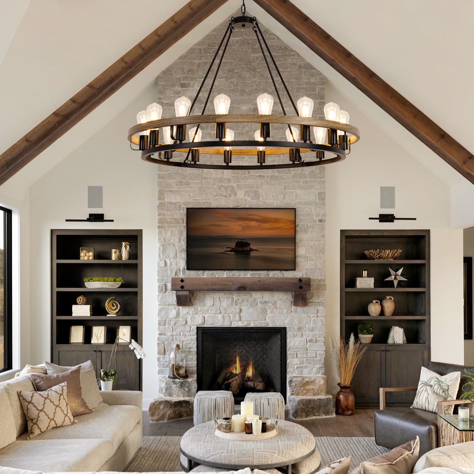 Chandelier 16-Light 39-Inch, Black and Oak Wood Tone Finish Round Rustic