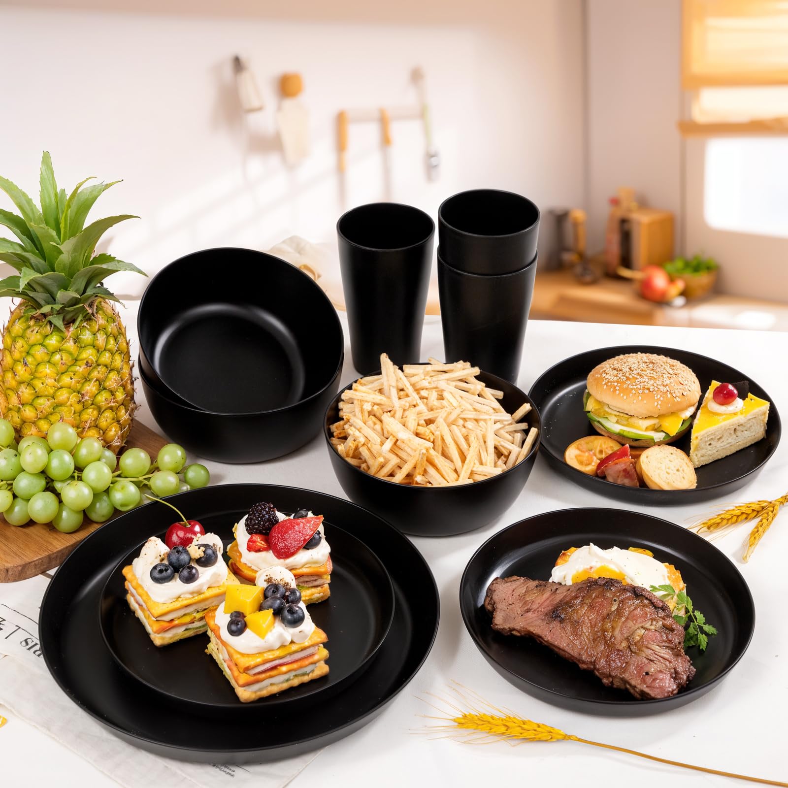 24pcs Black Wheat Straw Plates,Wheat Straw Dinnerware Set