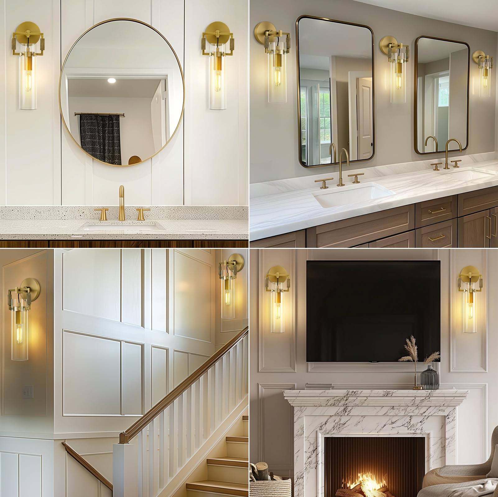 Modern Gold Glass Wall Sconces,15'' Knurled Brass Sconce, Bathroom Wall Sconce