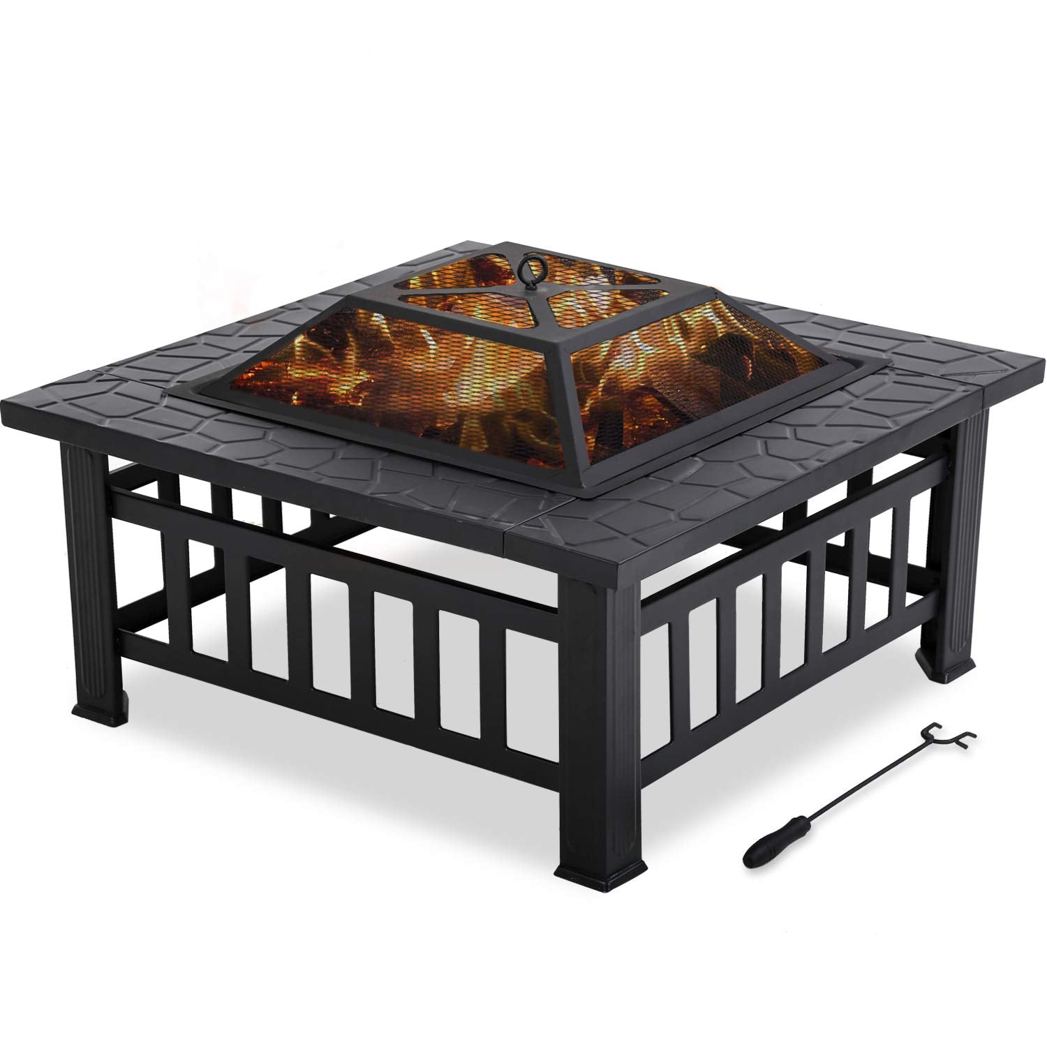 32'' Outdoor Fire Pit Metal Square Firepit Patio Stove Wood Burning for Backyard Garden