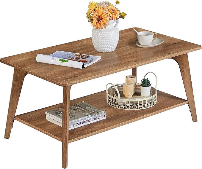 Coffee Table, 2-Tier Living Room Table with Storage, Center Table with Rounded Corners