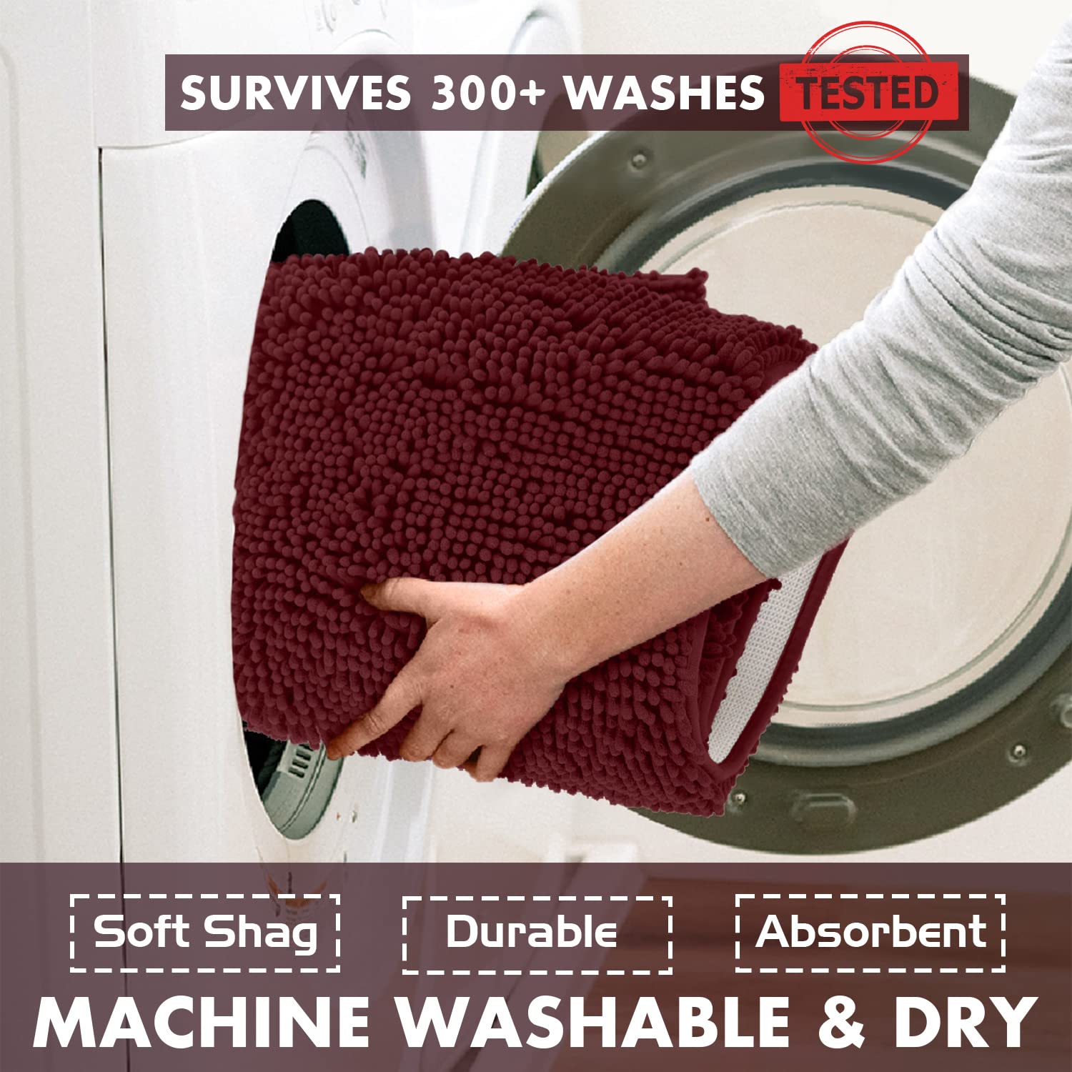 LuxUrux 4-Piece Bathroom Rug Set - Soft Chenille Mats, Non-Slip Toilet Mat & Lid Cover for Comfort & Style (20x20 U, 16x24, 20x30 & 19x19 inches, Burgundy)